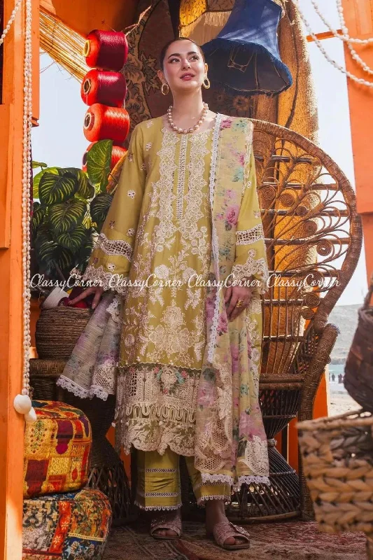 Olive Green Lawn Pakistani Suit