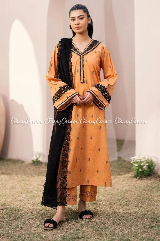 Orange Black Pakistani Jacquard Lawn Suit