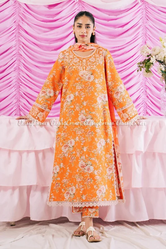 Orange Semi Formal Lawn Suit