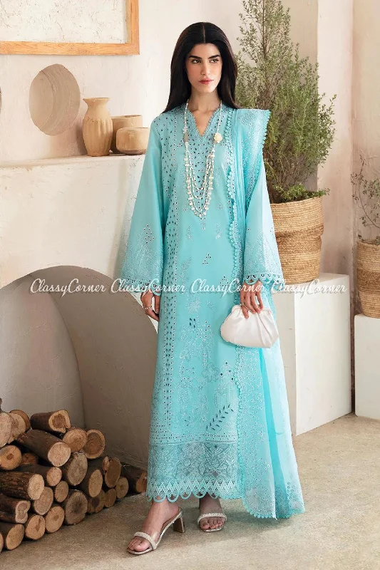 Pakistani Aqua Blue Lawn 3PC Suit