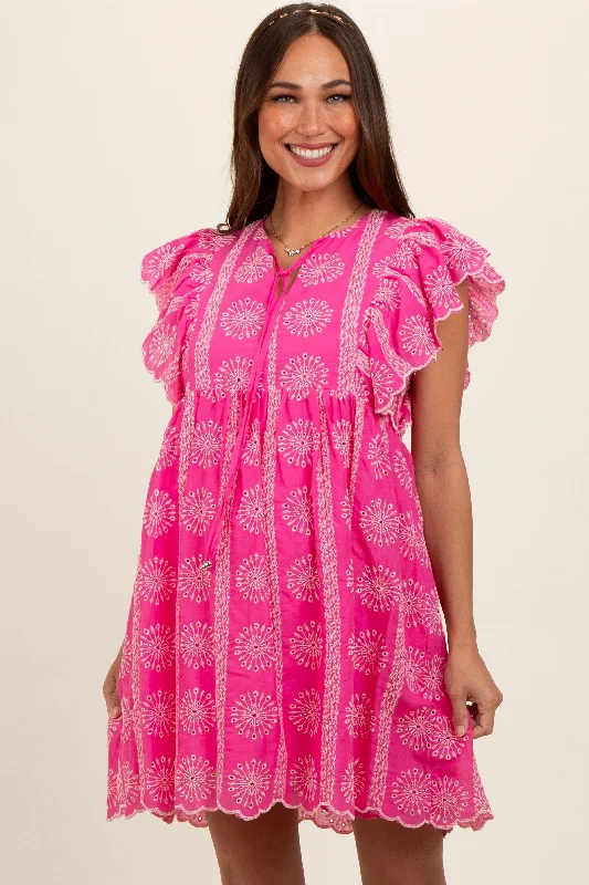 Pink Embroidered Flutter Sleeve Maternity Dress