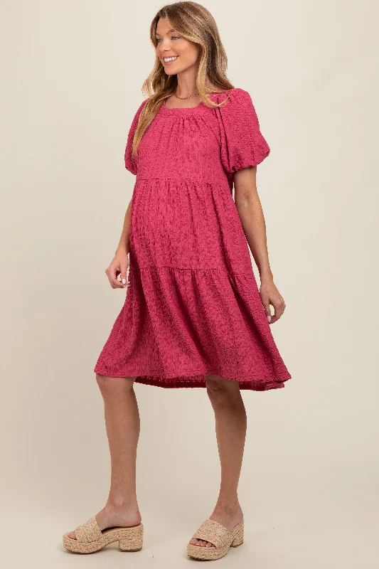 Pink Textured Tiered Puff Sleeve Maternity Dress