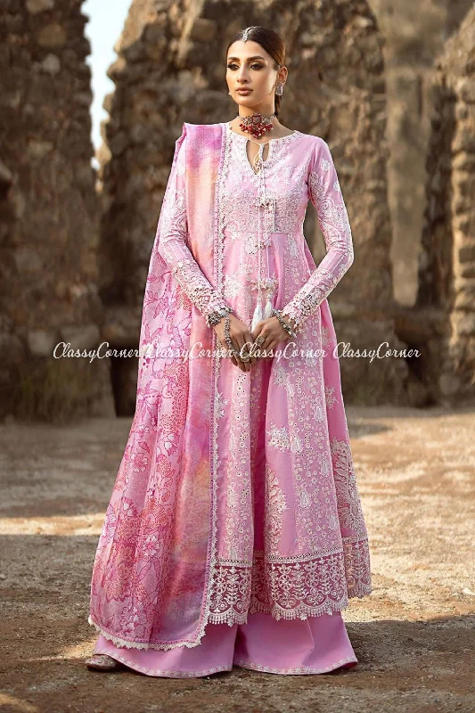 Pink White Lawn Embroidered Frock Sharara