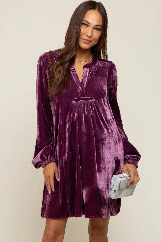 Plum V-Neck Velvet Maternity Dress