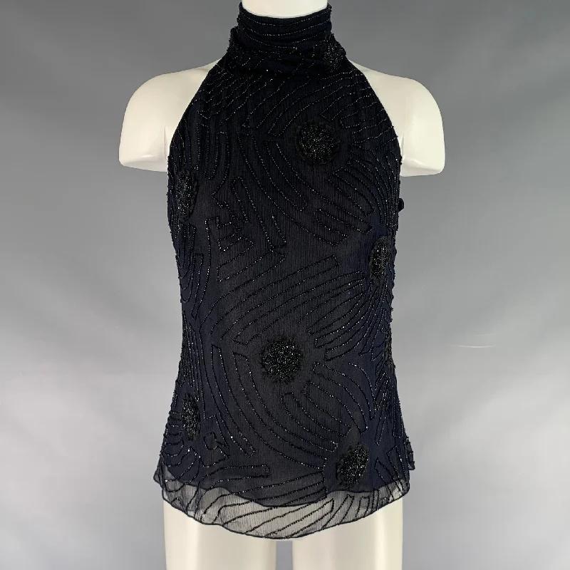 RALPH LAUREN Size 4 Navy Silk Beaded Halter Dress Top