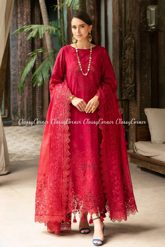 Red Lawn Embroidered Salwar Kameez