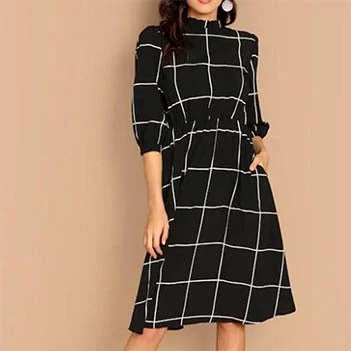 Collar Simple Plaid Dress 3/4 Sleeve