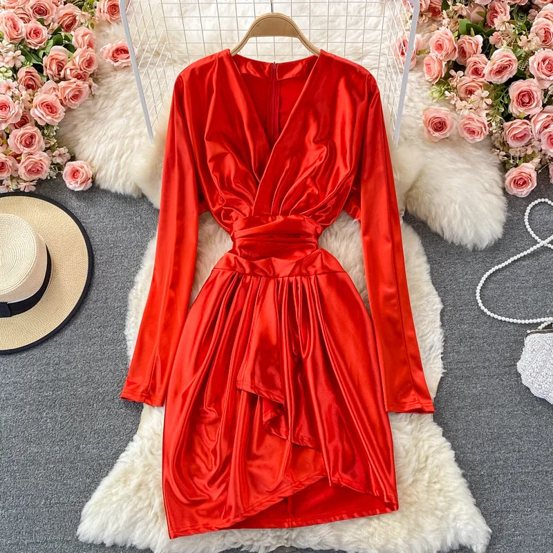 Satin high waist with thin V-neck irregular dress  3352