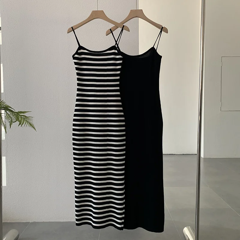 Summer Women Stripe Knitted Blocking Color Basic Sling Dress