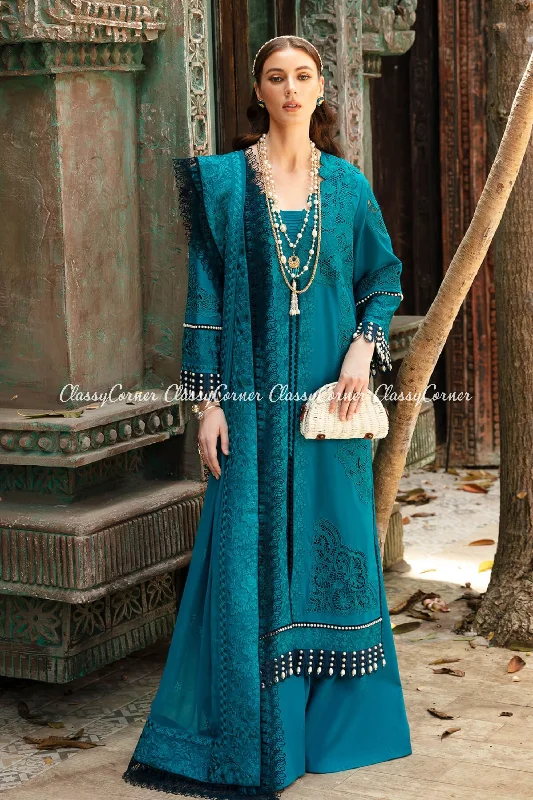 Teal Blue Lawn Embroidered Formal Wear Sharara