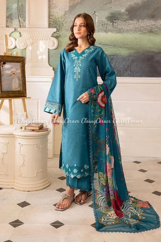 Teal Blue Lawn Embroidered Suit