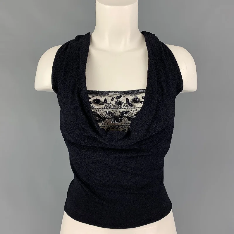 VALENTINO Size S Navy Viscose Polyester Beaded Sleeveless Dress Top