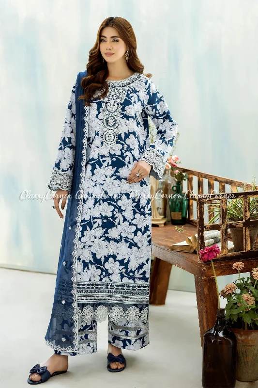 White Blue Lawn Readymade Suit