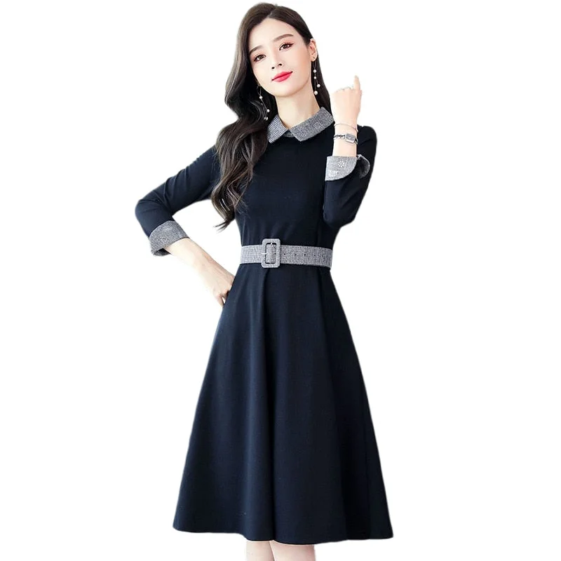 Women Elegant Slim A-line Stitching Large size 3XL Office Dress with Belt Vestidos