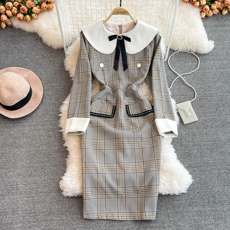 Xiaoxiangfeng doll neck high waist Plaid Dress  3387