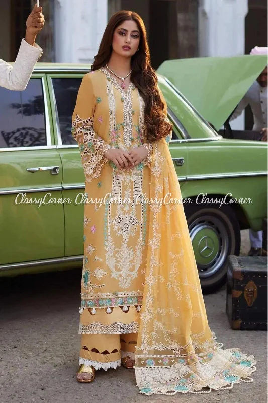 Yellow Lawn Embroidered Pakistani Suit