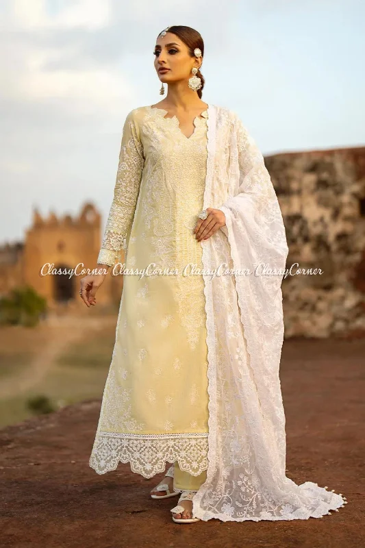 Yellow White Lawn Embroidered Suit