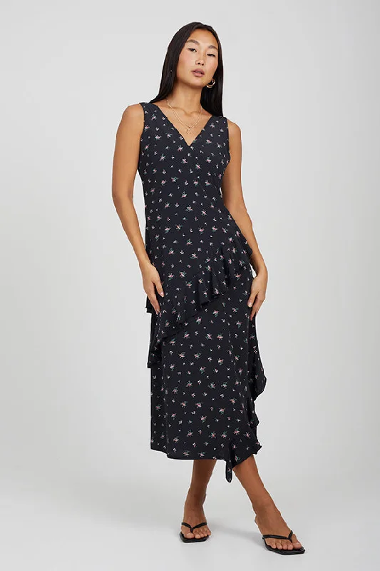 ASYMETRIC RUDDLE DETAIL DRESS WITH FLORAL PRINT