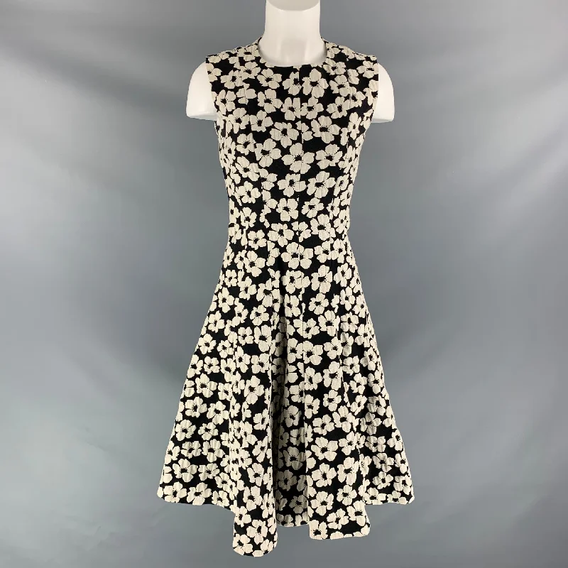 CAROLINA HERRERA Black & White Cotton Blend Floral Mid-Calf Dress