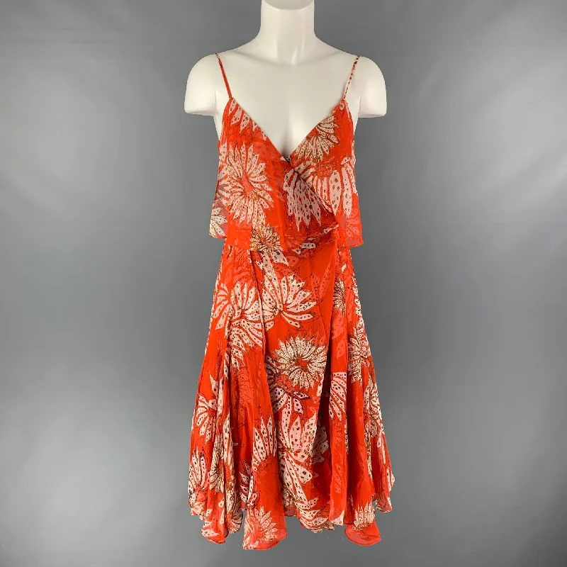 DIANE VON FURSTENBERG Size 4 Orange & Cream Silk Floral Wrap Dress