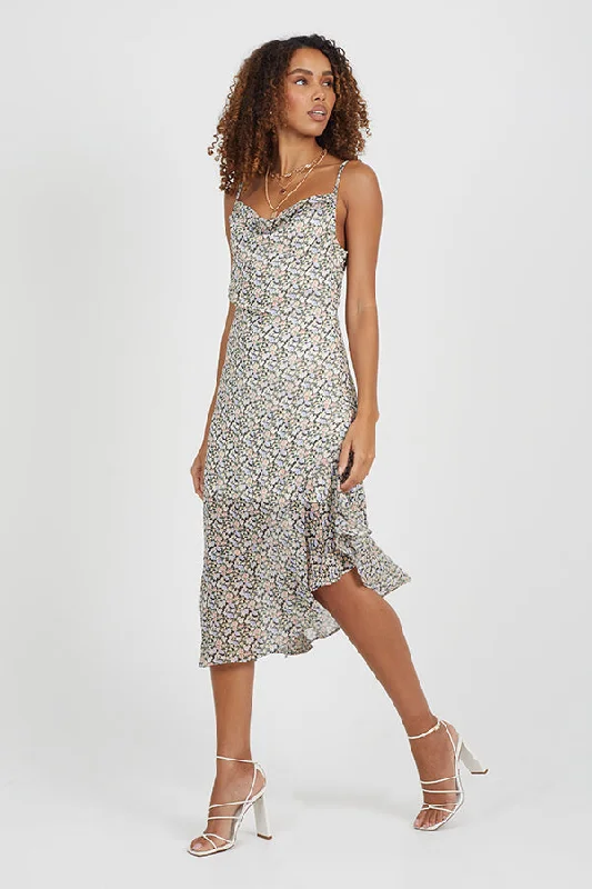 FLORAL FLIP DRESS WITH ASYMMETRIC HEM