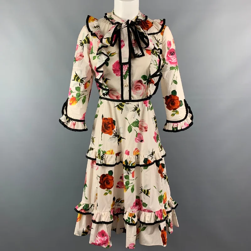 GUCCI Size 2 Beige Floral Cotton Ruffle Pussy Bow Cocktail Dress