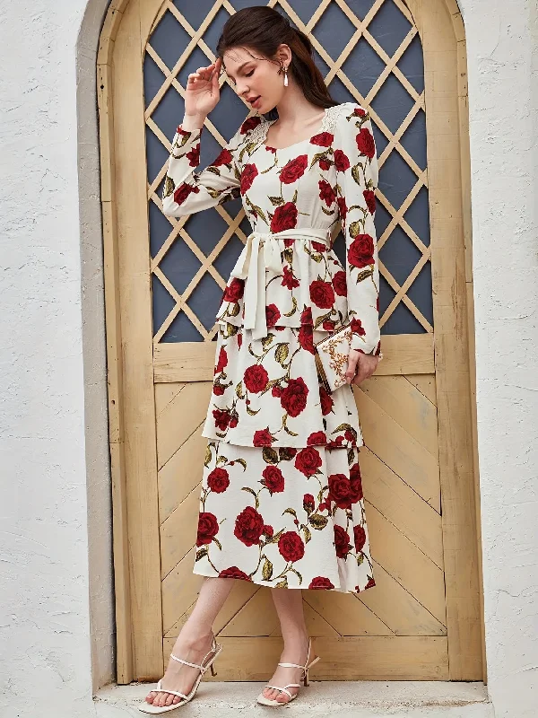 Nine 11 Rose Print Square Neck Dress, Elegant Long Sleeve Tiered Hem A-line Dress For Spring & Fall, Women's Clothing