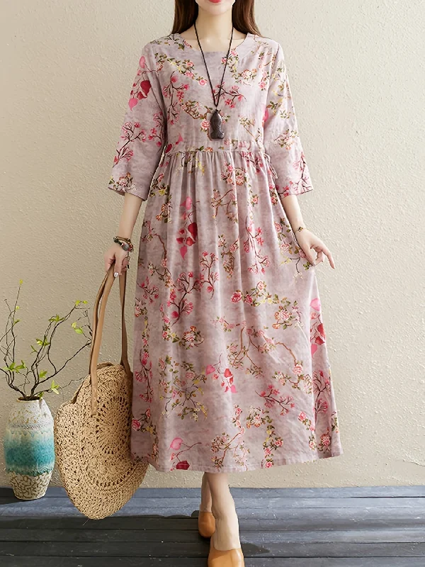 Nine 11 Vintage Floral Print Dress, Elegant Crew Neck 3/4 Sleeve Dress, Women's Clothing