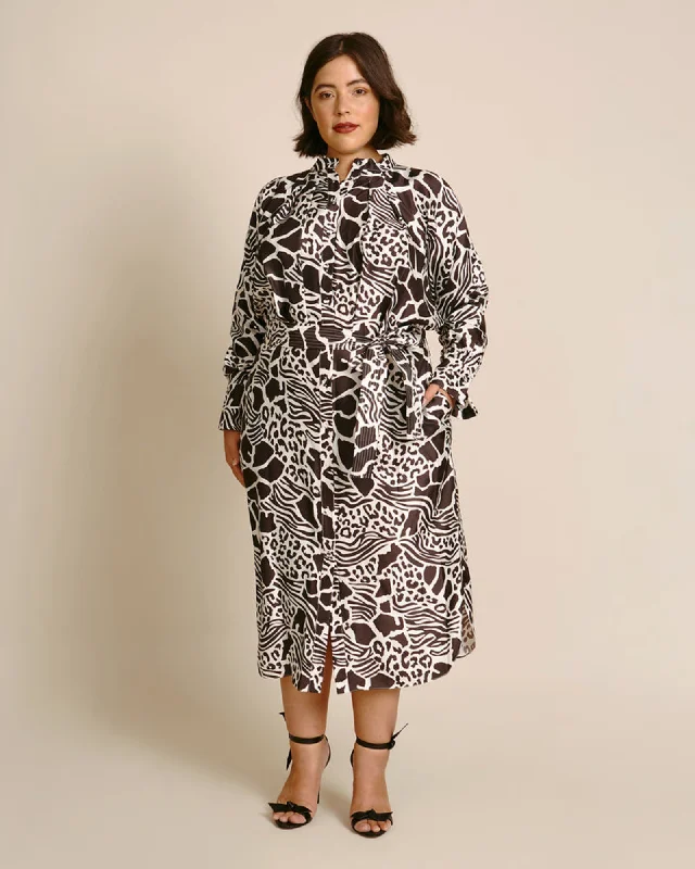 Printed Silk Twill Tie-Waist Dolman Sleeve Dress | Ivory Savannah