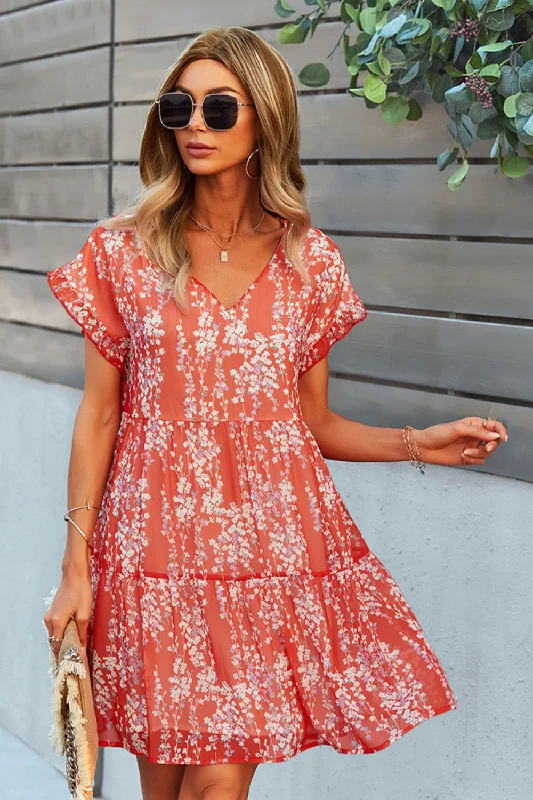 Printed V-Neck Short Sleeve Tiered Dress