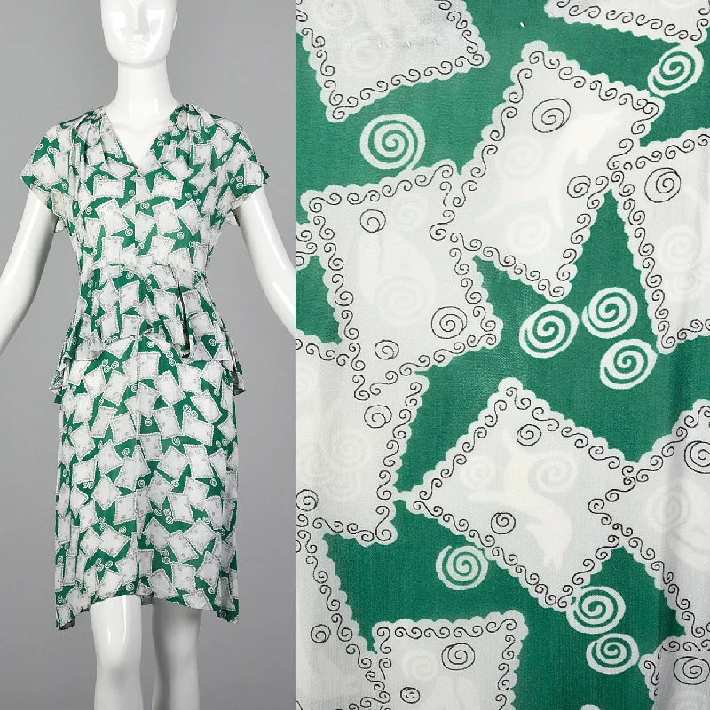 XS 1940s Novelty Print Peplum Dress