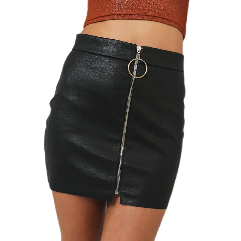 Metal Ring Zipper Up Faux Leather Hip Tight Mini Skirt Soft Mini Skirt