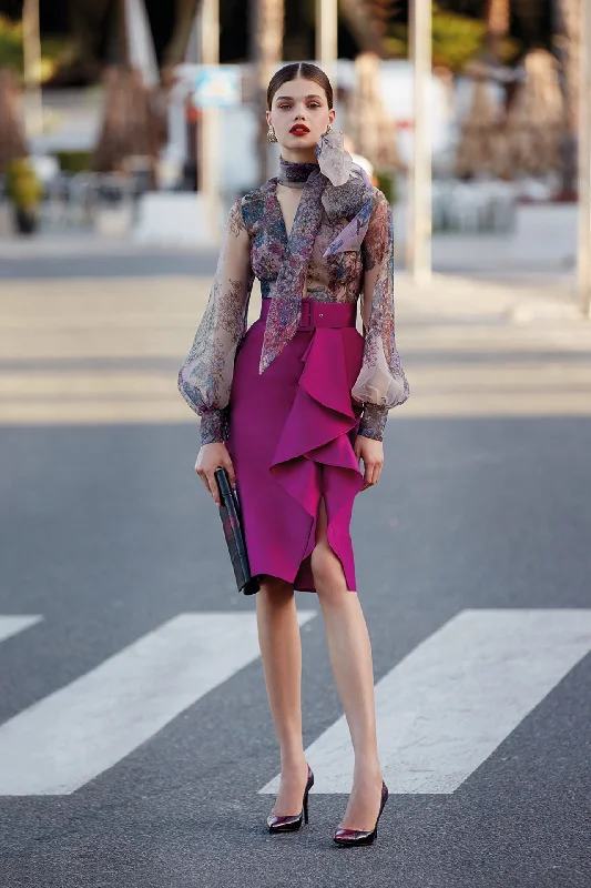 Printed shirt paired with short skirt