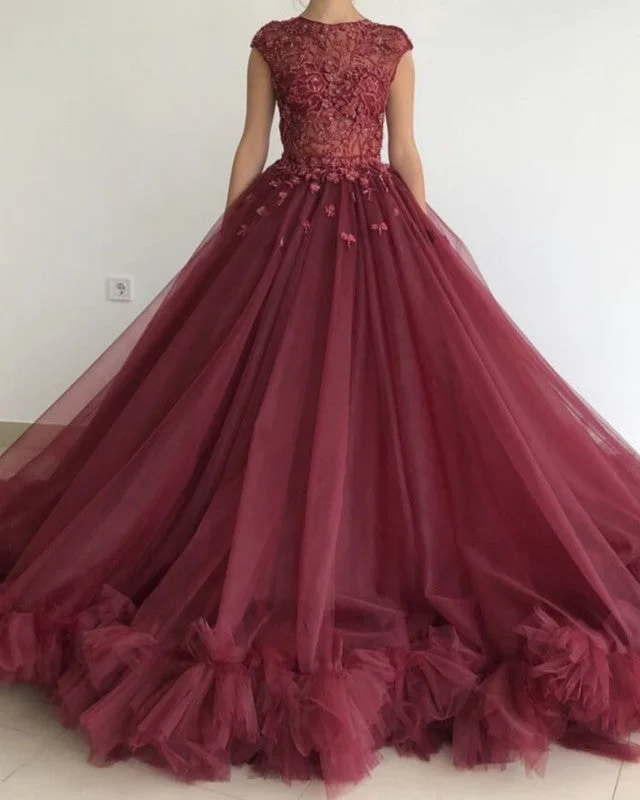 Ball Gown Ruffles Prom Dreses Sheer Lace Embroidery Top