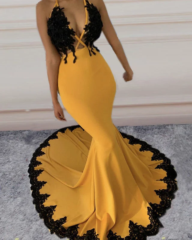 Black Lace Mermaid Prom Dresses Halter Neck