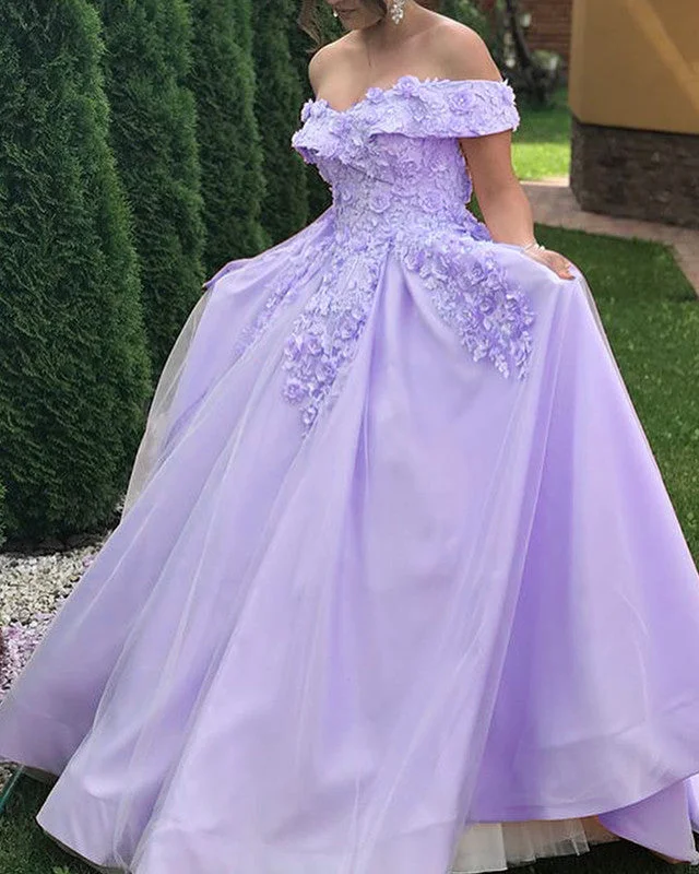 Tulle And Satin Prom Dresses Ball Gown 3D Lace Off Shoulder