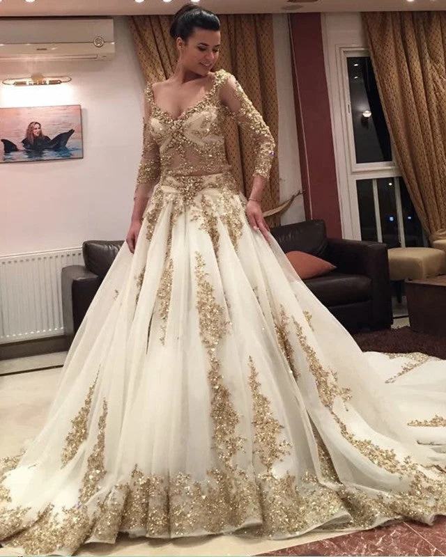 Gold Lace Appliques Wedding Dress Two Piece Ball Gown