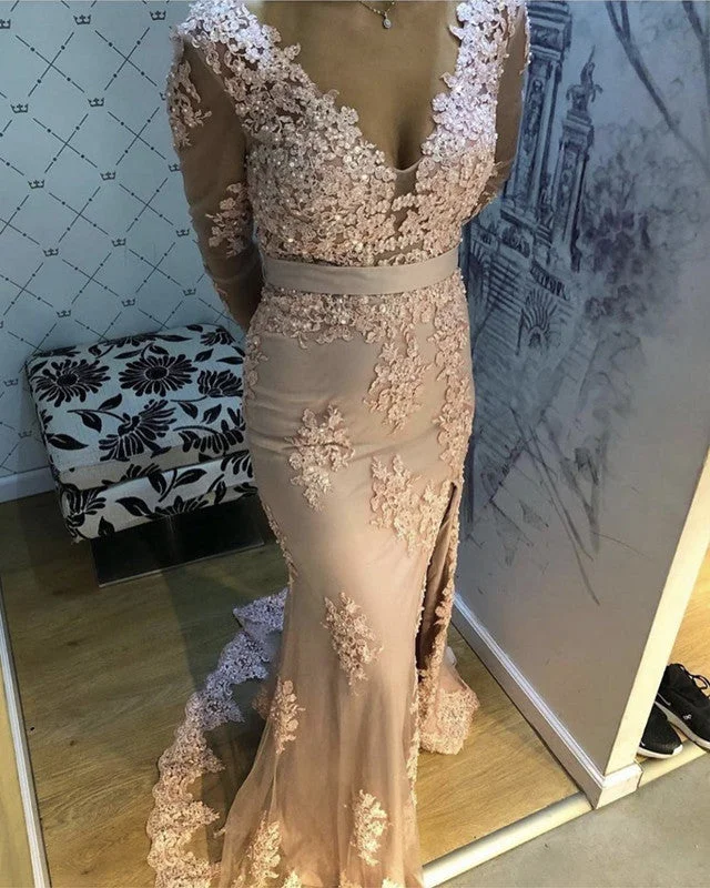 Mermaid V Neck Split Prom Lace Long Sleeves Dresses