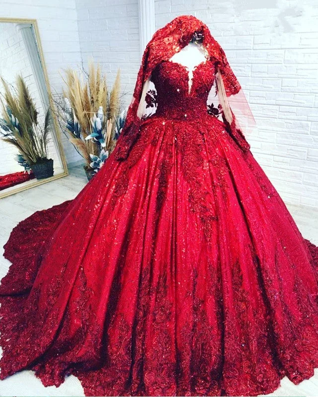 Red Sequins Lace Wedding Dress Ball Gown Long Sleeves