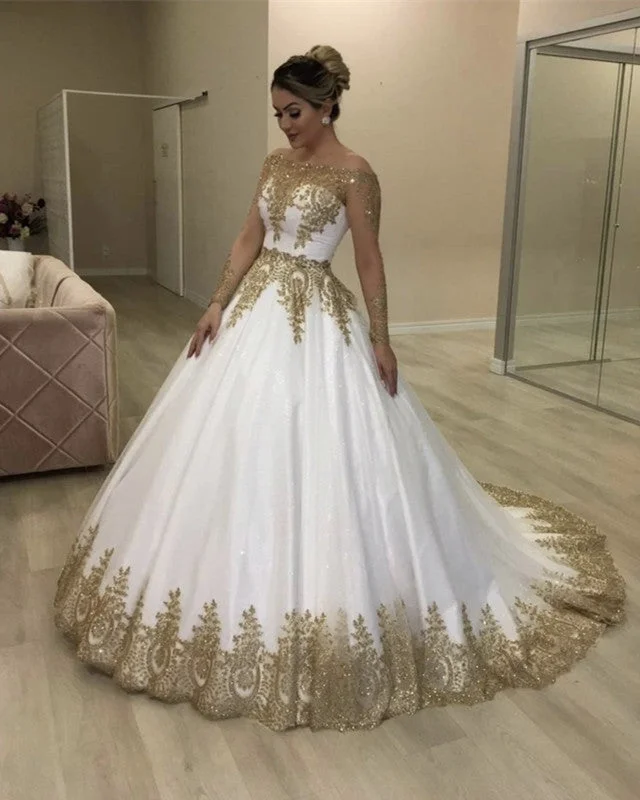 Gold And White Wedding Dress Lace Beaded Off Shoulder