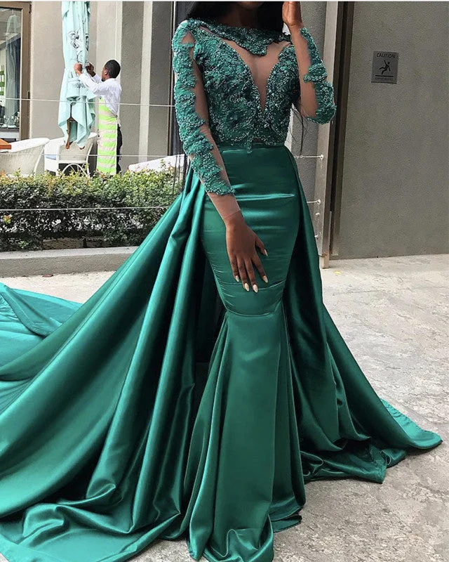 Mermaid Prom Dresses Lace Sleeved Satin Gowns