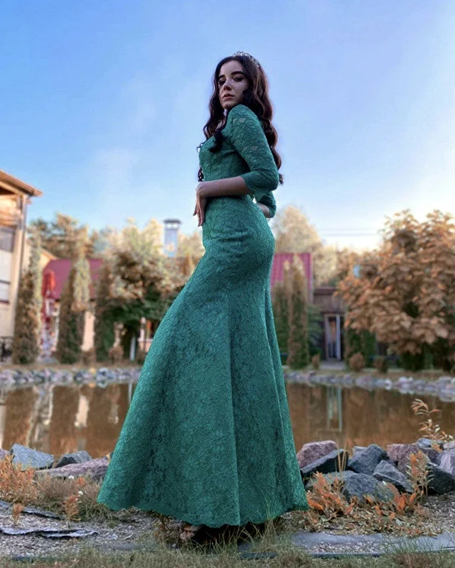 Modest Lace Mermaid Dresses With 3/4 Sleeves