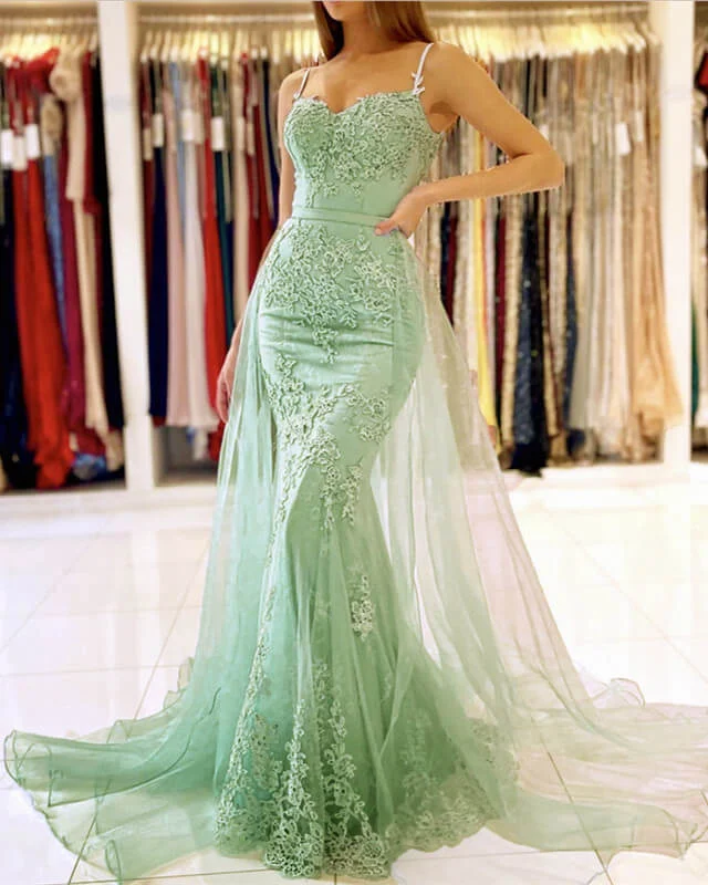 Mermaid Sage Green Lace Prom Dress Removable Train