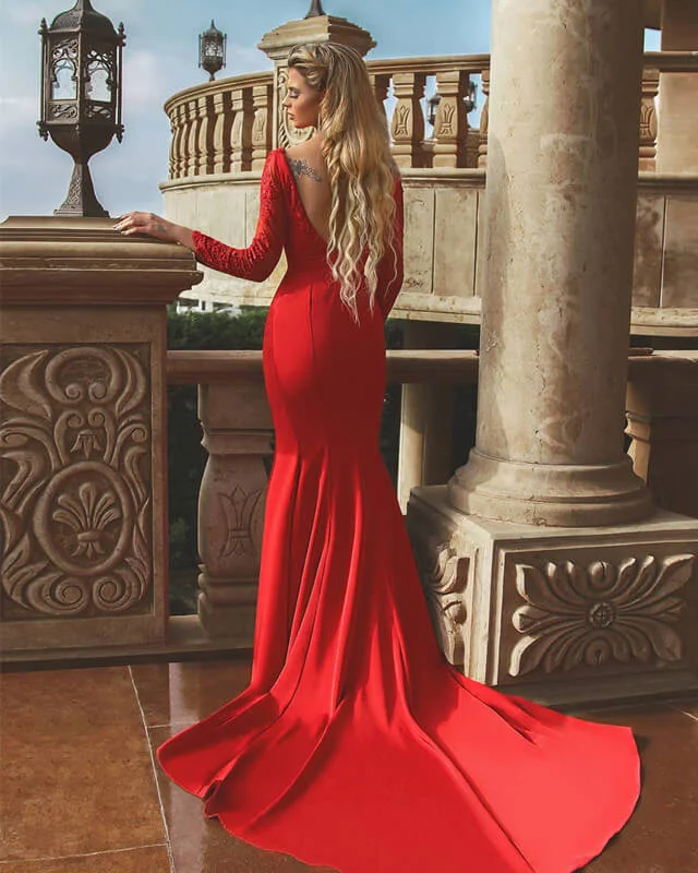 Mermaid Red Satin Dress With Lace Sleeve