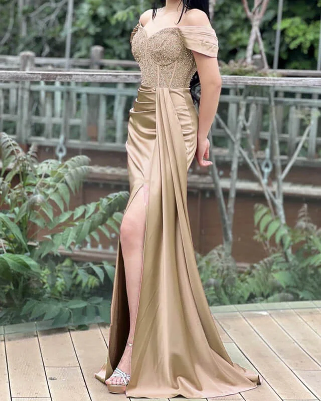 Mermaid Gold Lace Corset Slit Satin Dress