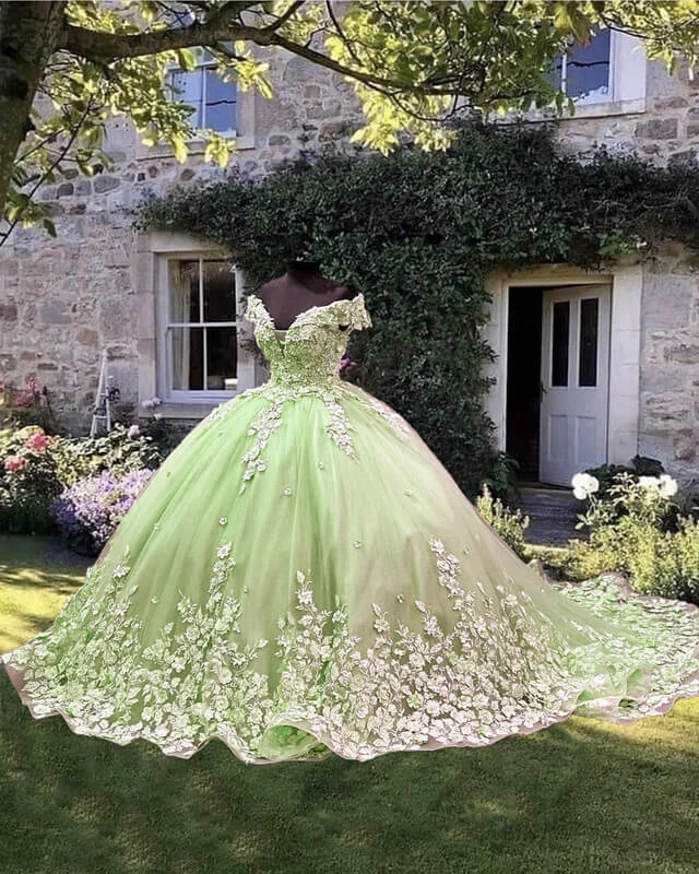 Light Green Off Shoulder Ball Gown Dress With 3D Lace Flowers