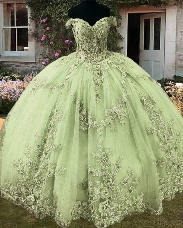 Sage Lace Off Shoulder 15 Ball Gown Dress