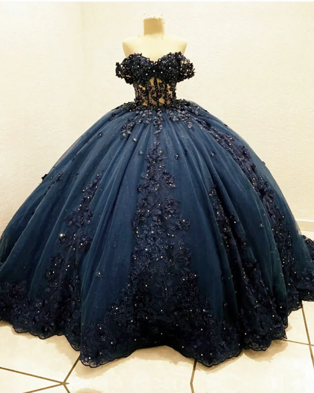 Navy Tulle Corset Dress With 3D Lace Flowers