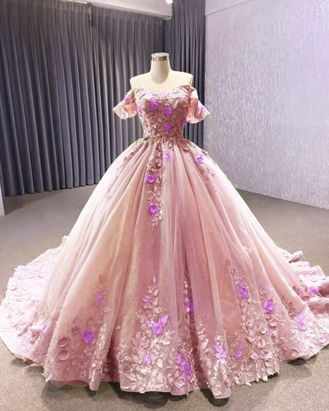 3D Lace Flowers Ball Gown Off Shoulder Dress