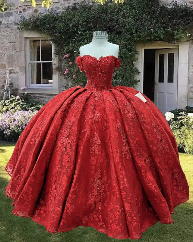 Red Lace Embrodiery Ball Gown Off Shoulder Dress